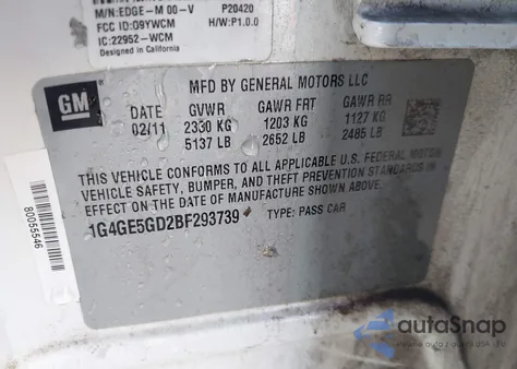 2011 Buick Lacrosse Cxs from USA, damaged, VIN 1G4GE5GD2BF293739